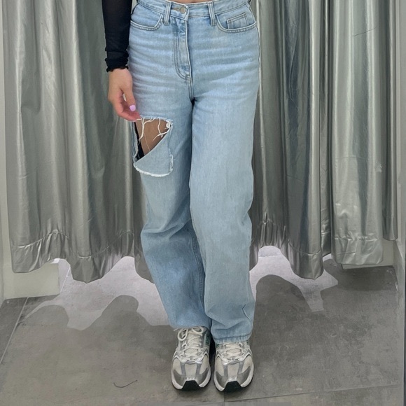OAK + FORT Denim - OAK + FORT Light Blue Straight Leg Jeans with Distressed Thigh